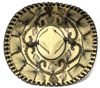 Absolutely Stellar Vintage PIGALLE XXXXX Mustard & Black Embroidered & Sequinned Mexican Sombrero | 8" x 6.8" Opening