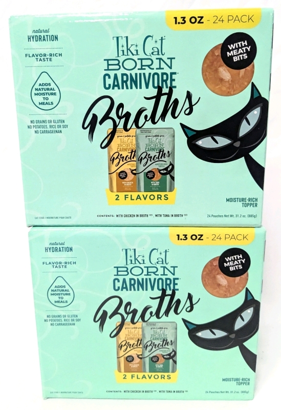 2 New Boxes TIKI CAT Born Carnivore Broths with Meaty Bits : Tuna / Chicken : 24 Pouches 885g Each | Best Before 03/24/2025 | Over$80 Retail Value!