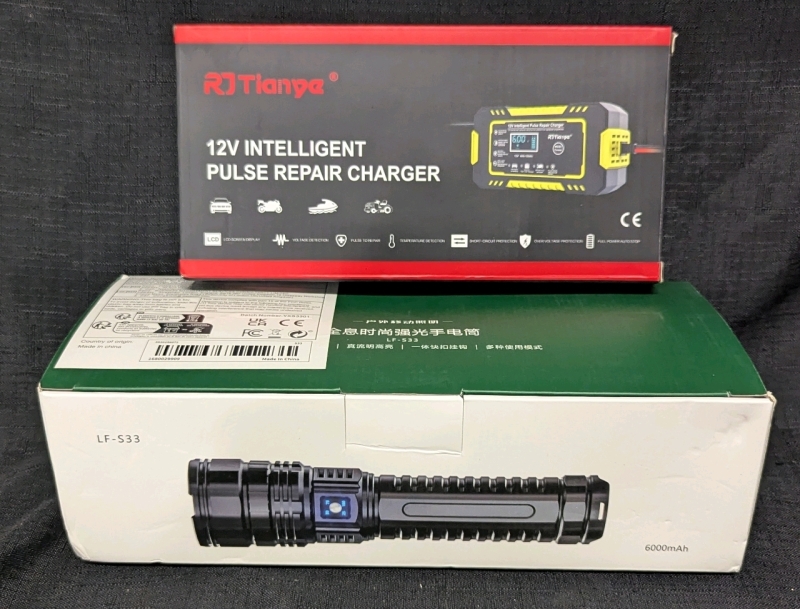 2 New: 12V Intelligent Pulse Repair Charger - LF-S33 Large Flashlight - 6000mAh