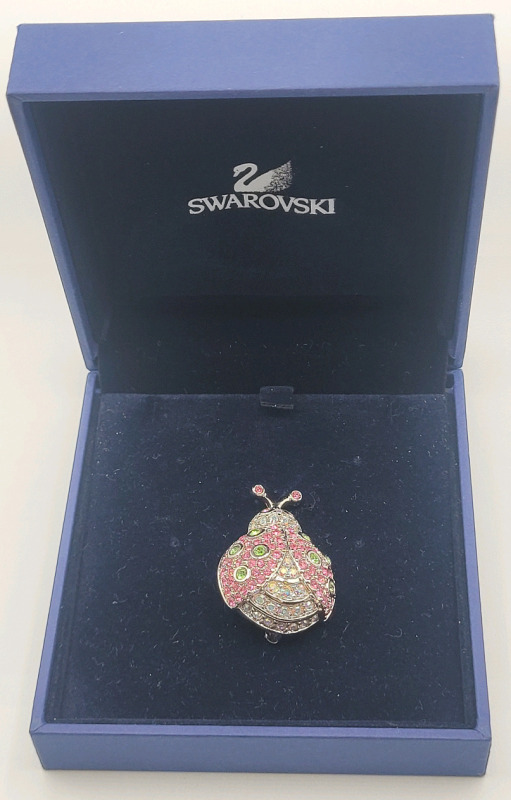 Retired Pink Swarovski Crystal LADY BUG Pin Brooch w/Case . Signed on Back