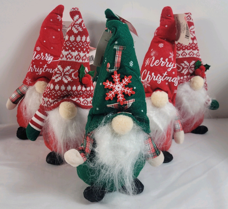 Six (6) New Chirstmas Gnome Weighted Mantle Shelf Sitters . Each measures 11" tall .