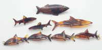 Vintage Faux Acrylic Shell Fish Earings , Brooch & Bracelet Set plus Mahogany Wood Fish Brooch . Earing have Sterling Silver Backs