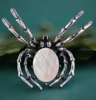 Spider Brooch Natural Stone & Shell Inlay Approximately 2 x 1.85 Inch White Luminous Shell