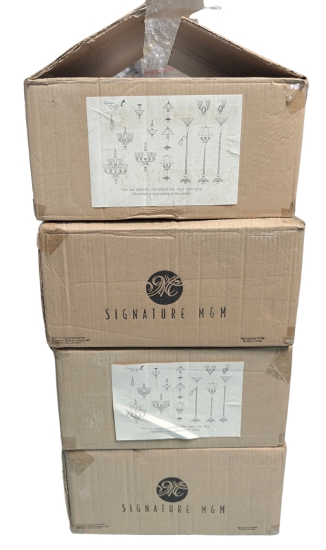4 As-New Signature M&M Ceiling Hanging Light Fixtures with 12" Diameter Frosted Glass Shades Model 2650-76