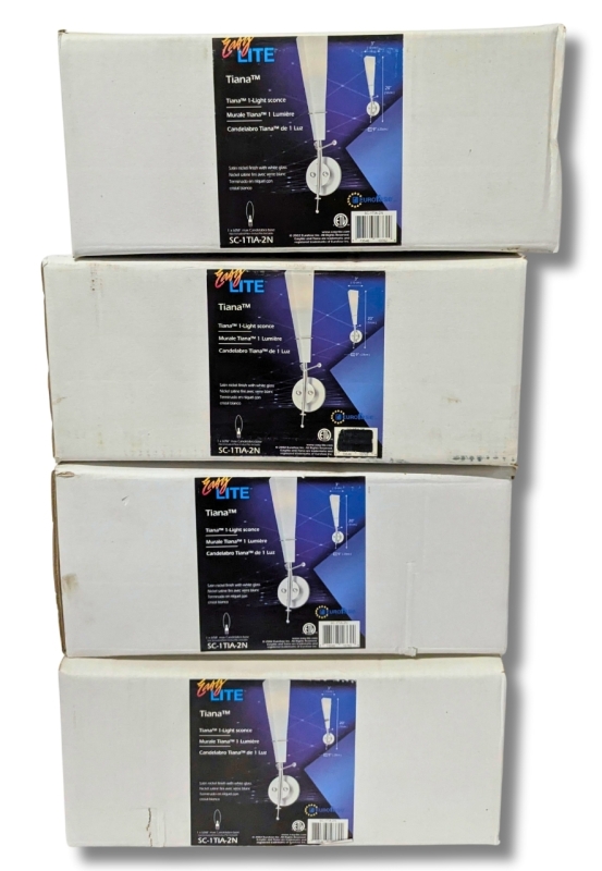 4 New Retro EASY LITE Tiana 1-Light Sconces : Satin Nickel Finish with White Glass Shades - 3" x 20" Tall
