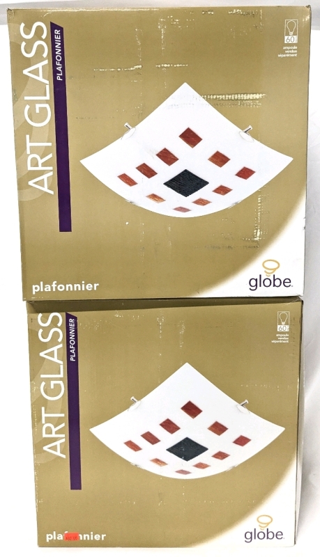 2 New GLOBE ELECTRIC Art Glass Flush Mount Handcrafted Tiffany-Style Glass Shade with Satin Nickel Clips