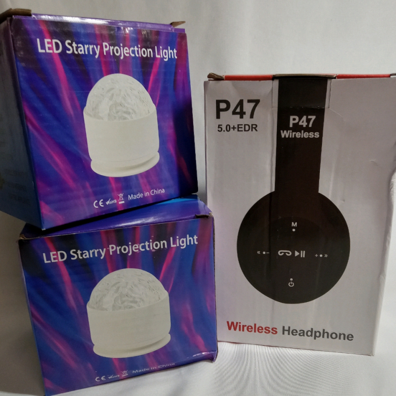 New | Cozy Room Electronics Lot | Includes 2 LED Starry Projection Lights & 1 P47 Wireless Headphones Largest Measures 7x4"
