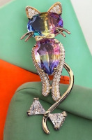 Elegant Gradient Watermelon <br/>Crystal Cat Brooch Rhinestone Luxurious Zirconia Approximately 2 x .75 Inch
