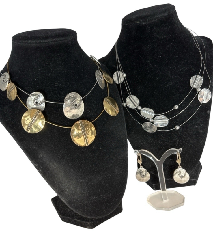 Two Signed IKITA Hard Wire Necklaces / Floating Nugget Necklace / Earrings