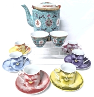Bright Chinese Porcelain #06 Teapot with 2 #13 Cups + 12-Piece Colorful Pansy Espresso Cups & Saucer Set by Classic Coffee & Tea