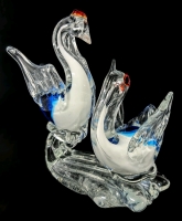 Stunning Art Glass Swans Waterfowl Atop Wave Paperweight - 6.5" Tall
