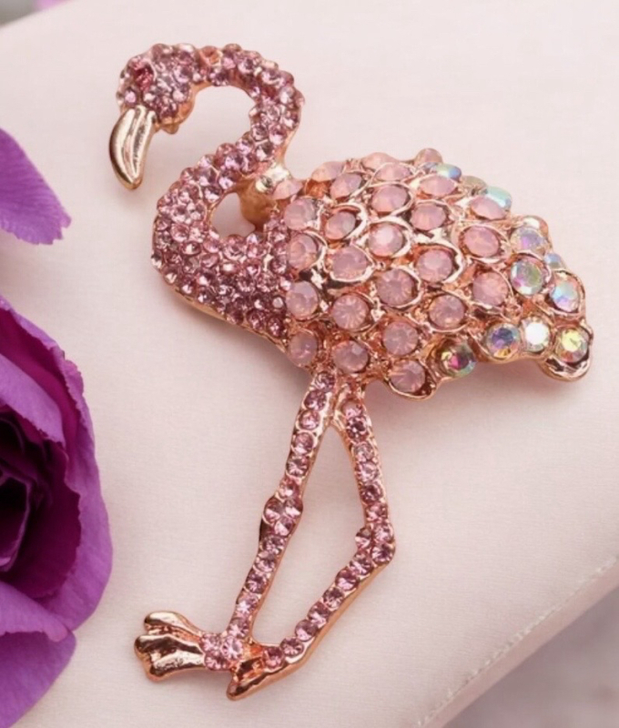Luxurious Flamingo Rhinestone Brooch Approximately 1.75 x 2 Inch