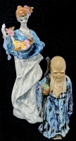 Signed Vintage 1981 Louise Hewitt Shou Lao Shouxing God of Longevity Clay Mudman Figurine 7.5" & Unsigned Iridescent Luster Porcelain Muse Figure 11.5"