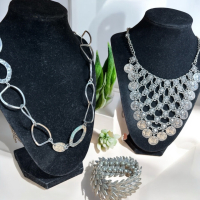 Statement Coin Necklace / Hammered Link Necklace / Overlay Feather Bracelet