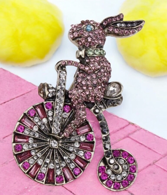 Elegant Cute Rabbit On Penny Farthing Bicycle Enamel Brooch Rhinestones app 2 x 2.5<br/>