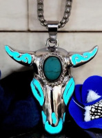 Unique Skull Animal Head Pendant Luminous Retro Stainless Steel Necklace Adjustable Chain Blue UV