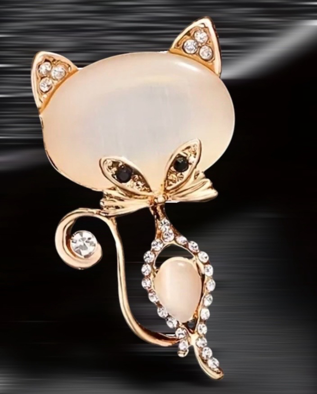 Chic Cat Eye Stone Brooch Rhinestones Curled Tail Approximately 1.8 x 1 Inch