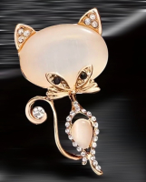 Chic Cat Eye Stone Brooch Rhinestones Curled Tail Approximately 1.8 x 1 Inch