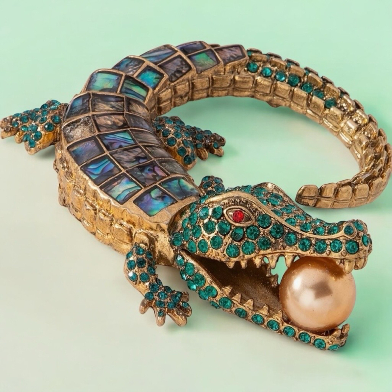 Amazing Crocodile Brooch Glass Mosaic Handcrafted Elegant Design Golden Pearl in Mouth <br/>Approximately 4 x 3 Inch