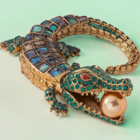 Amazing Crocodile Brooch Glass Mosaic Handcrafted Elegant Design Golden Pearl in Mouth <br/>Approximately 4 x 3 Inch