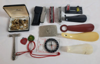 Men's / Dude's Junk Drawer Lot . 3 Pocket Knives , Compass , Level , Belt Buckle , Cuff Links , John Deere Tag Plus More