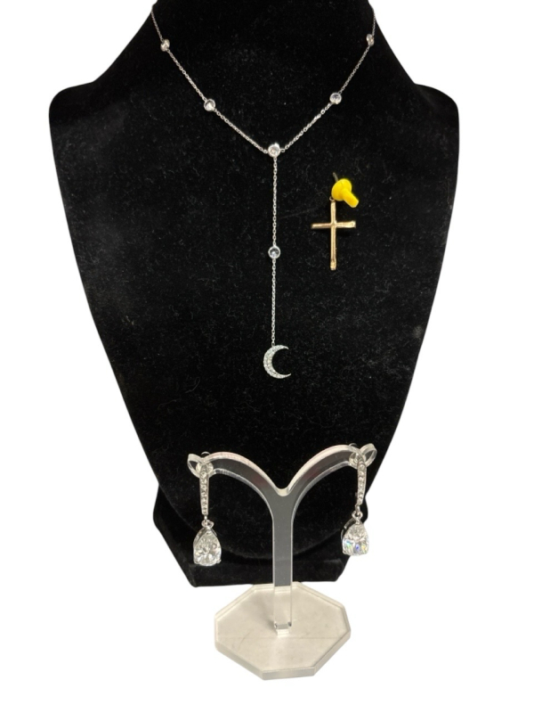 10K Cross / 925 Turkey Lariat Moon Necklace/ CZ Earrings