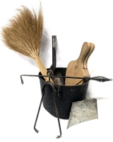 Vintage Fireplace Tools : Cast Iron Cauldron, Tongs, Ash Pan, Shovel Head, Log Puller, Bellows & Reed Broom