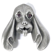 Vintage Signed JJ Pewter Happy Bassett Hound Dog Brooch with Rhinestone Eyes - 2.25" x 2.3"