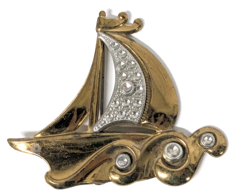 Vintage Art Deco Sailboat on Waves Steel Cut White Metal Accents Brooch - 2.8" x 2.6"