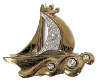 Vintage Art Deco Sailboat on Waves Steel Cut White Metal Accents Brooch - 2.8" x 2.6"