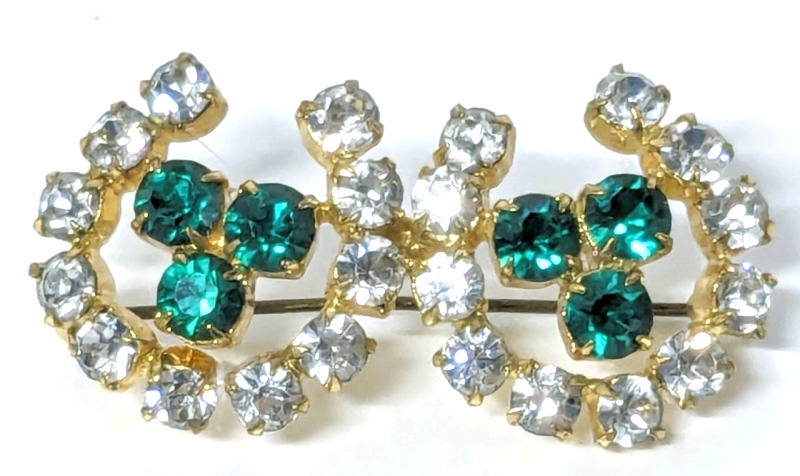 Vintage Sparkling Czech Lucky Horseshoe Shamrock Rhinestone Brooch - 1.75" x 1"
