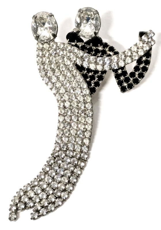 Vintage Ballroom Dancer Dancing Couple Rhinestone Brooch with Movement - 1.5" x 3.25"