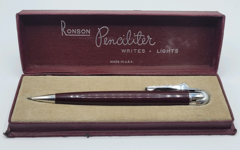 Vintage MCM Ronson Penciliter Mechanical Pencil Lighter w/Original Box . Pencil Working , Lighter Flick Working , Has Flint - No Fuel .