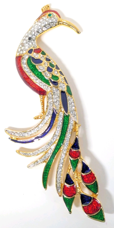 Large Rhinestone Ice Enamel Royal Phoenix / Bird of Paradise Brooch - 4.5" Long