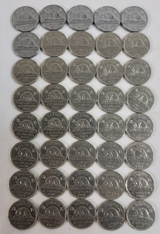 1953 - 1962 Canadian Queen Elizabeth II 5-Cent Hexagon Nickels . 1953 , 1954 , 1955 , 1956 , 1957 , 1958 , 1959 , 1960 , 1961 & 1962 . Multiples of Each Year . 40 Coins