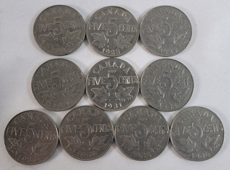 1927 - 1936 Canadian King George V 5 Cent Nickels . 1927 , 1928 , 1929 , 1930 , 1931 , 1932 , 1933 , 1934 , 1935 & 1936 . Consecutive Years . 10 Coins
