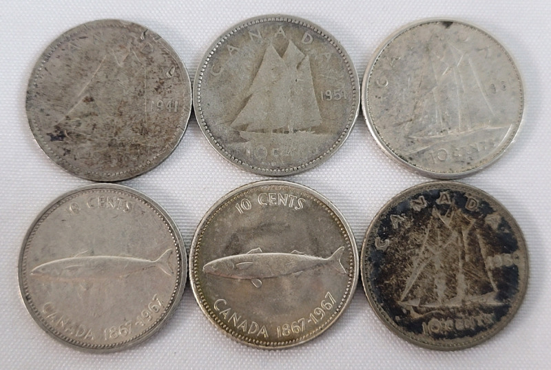1941 - 1968 Canadian Silver Dimes . 1941 , 1951 , 1961 , 1967 &times;2 & 1968 . Six (6) Coins