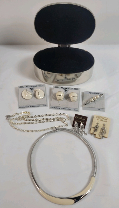 Vend&ocirc;me Enamel Earing Sets , Vend&ocirc;me Brooch , Monet Enamel Necklace Choker , Monet Signed Necklace & D'Orlan Earing Set w/Jewelry Box .