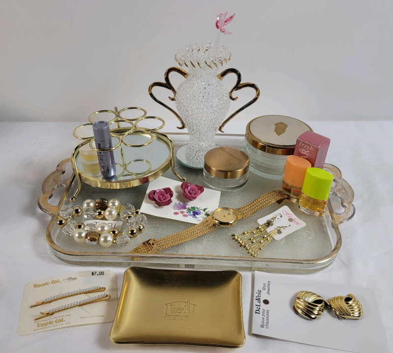 Ladies Vanity Lot . Glass Vanity Tray , Perfume Bottles , Earing Sets , Small Tray , Lidded Make-Up Jars , Lipstick Holder & Pack Lane Quartz Watch (working)