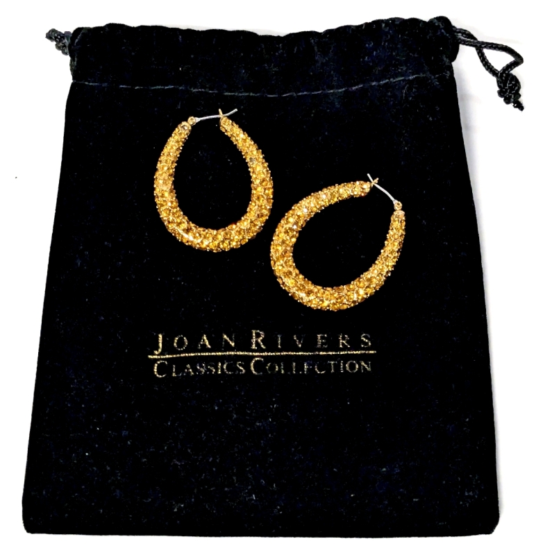 Gorgeous Chunky Honey Amber Rhinestone Hoop Earrings with Joan Rivers Velvet Drawstring Bag - 1.25" x 1.5" Long ea