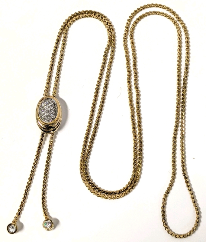 Signed PANETTA Bolo Lariat Rope Style Necklace with Sparkling Rhinestone Slider & Danglers - 36" Long