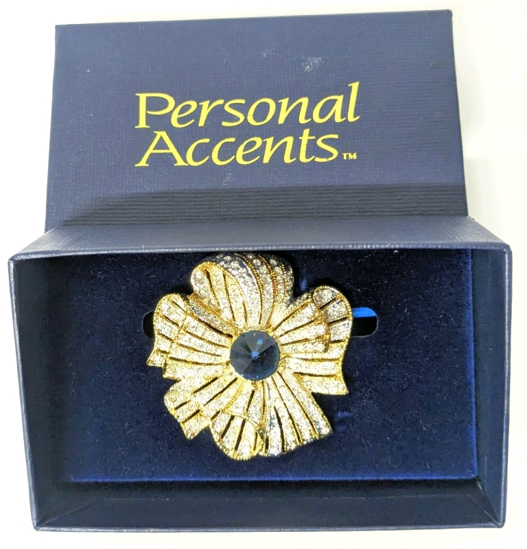 Sparkling Personal Accents Ribbon Flower Brooch with Faceted Blue Cab & Gift Box - 1.8" x 1.5"