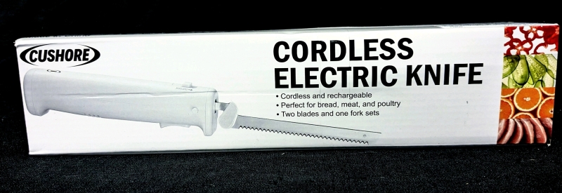 New CUSHORE Professional Cordless Rechargeable Easy-Slice Electric Knife w Reciprocating Stainless Steel Blades for Carving Meats, Poultry, Bread | Bonus Serving Fork | Retails for $84.99!