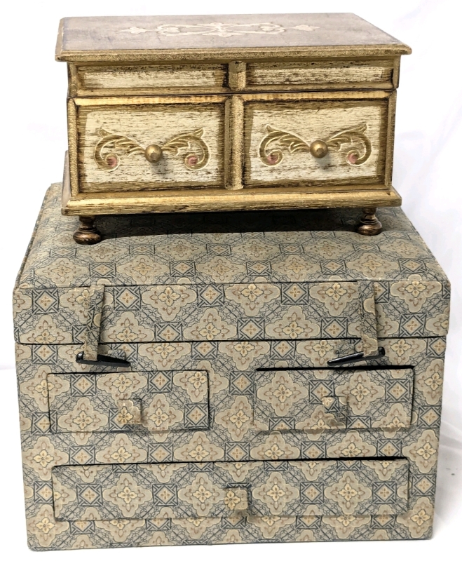 2 Vintage Jewelry Boxes : Cloth Covered Asian-Style & GiftCraft Wooden Music Box - Largest 10" x 8.5" x 7" Tall