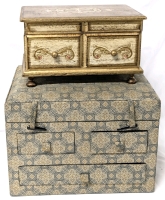 2 Vintage Jewelry Boxes : Cloth Covered Asian-Style & GiftCraft Wooden Music Box - Largest 10" x 8.5" x 7" Tall