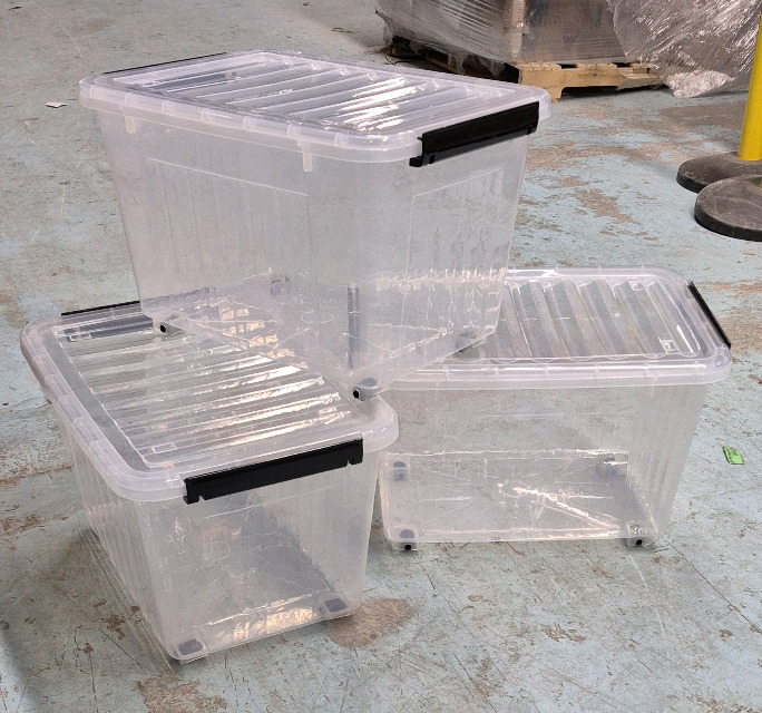 3 New Cetomo 40QT Clear Plastic Stackable Storage Totes on Wheels with Lids 19.8"L x 13.9"W x 12.2"H one Lid Has Crack but Still Useable