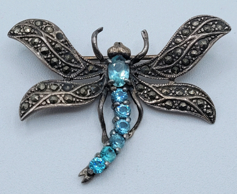Vintage Sterling Silver Dragon Fly Brooch w/Blue Crystal