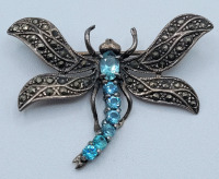 Vintage Sterling Silver Dragon Fly Brooch w/Blue Crystal