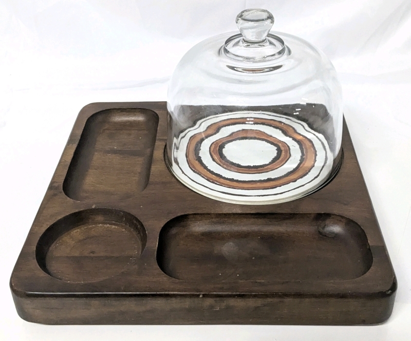 Mid Century Modern MCM Dark Presumed Walnut Covered Cheese / Charcuterie Tray - 11" x 11" x 7" Tall