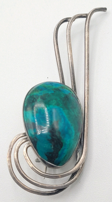 Vintage Sterling Silver Malachite Brooch .